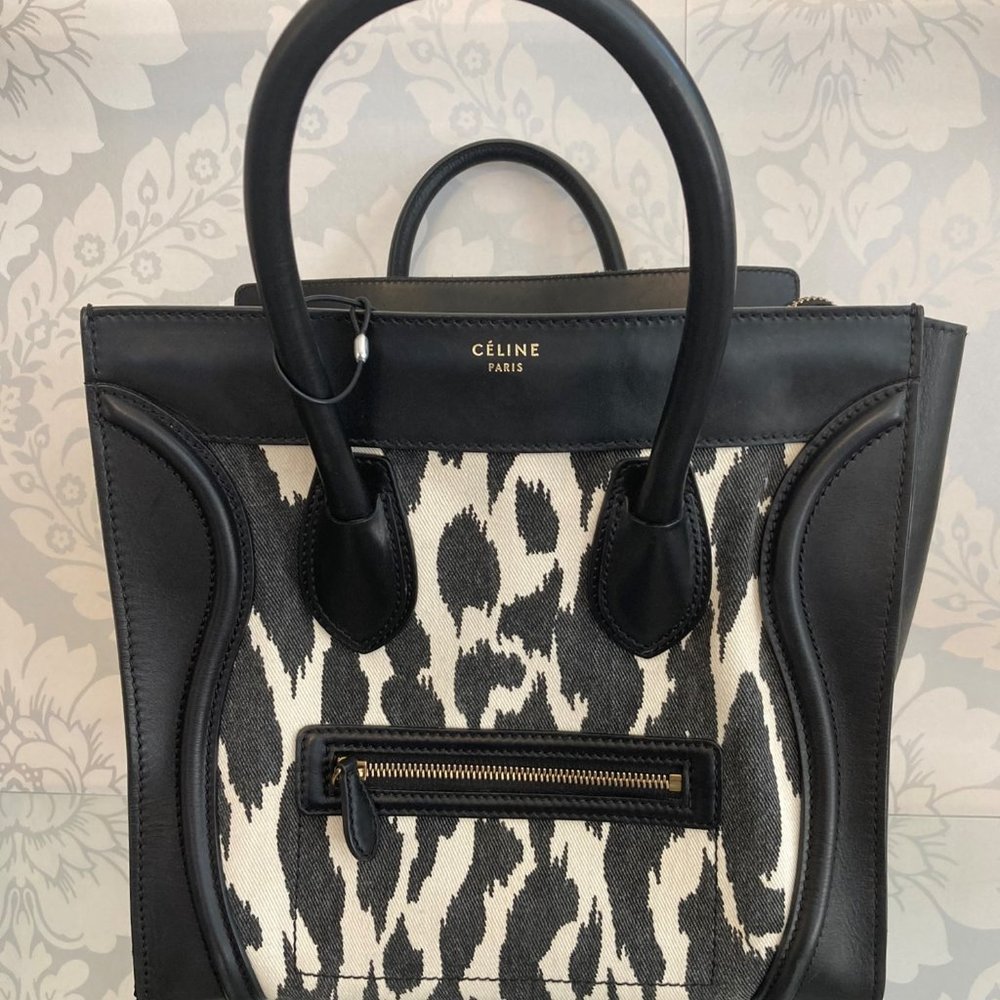 CELINE PARIS Black Leather Animal Print Handbag/Satchel